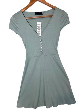 Urban Outfitters Ribbed Dress | NWT | Deep V Button Front | Moss Green | XS